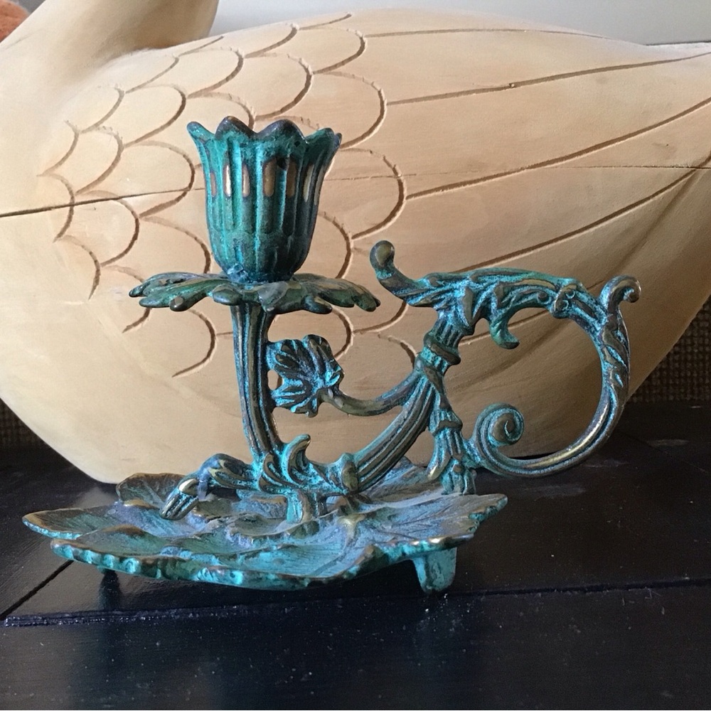 Vintage Virginia Metalcrafters brass verdigris candleholder.